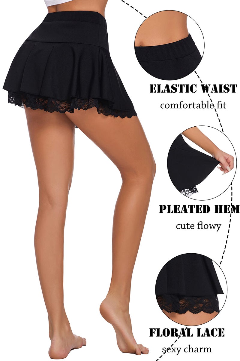 Avidlove Mini Skirt for Women Solid Lace Ruffle Skirt Schoolgirl Lingerie Short Skirt (Black,M) - Image 4