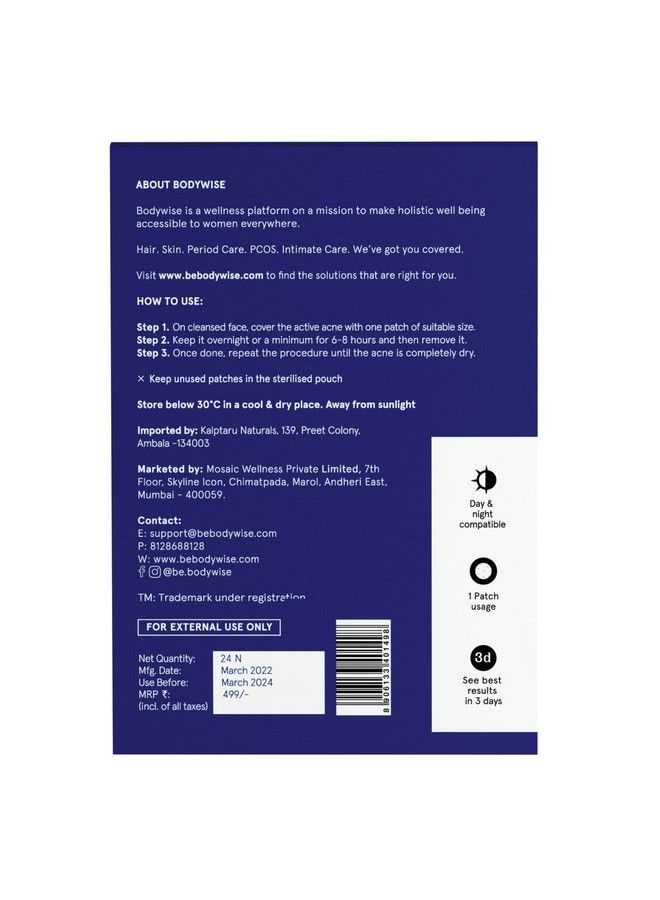 Bodywise Ise Acne Pimple Patch For Women & Men (24 Dots ; 3 Sizes) ; Absorbs & Flattens Acne Overnight ; Waterproof ; Reduces Excess Oil Shrinks Pimples & Clears Pores ; For All Skin Type - Image 3