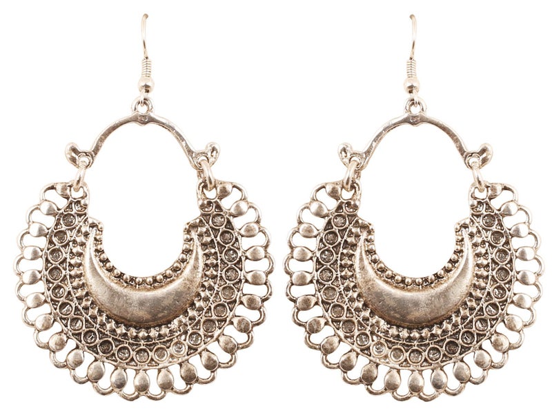 Touchstone Indian Bollywood Beautiful Style Afghani Chand Baali Moon Theme Hangings Designer Jewelry Chandelier Earrings for Women in Gold Or White Tone. - Image 1