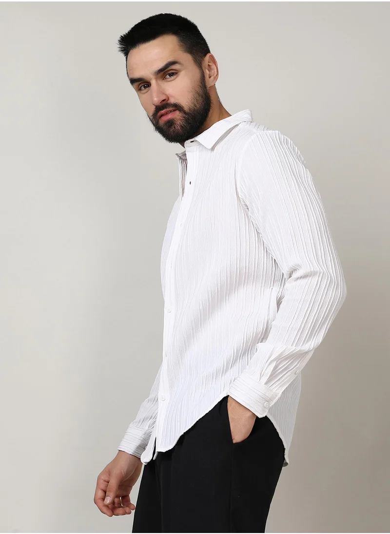 كامبوس سوترا Men's Chalk White Self-Design Striped Shirt