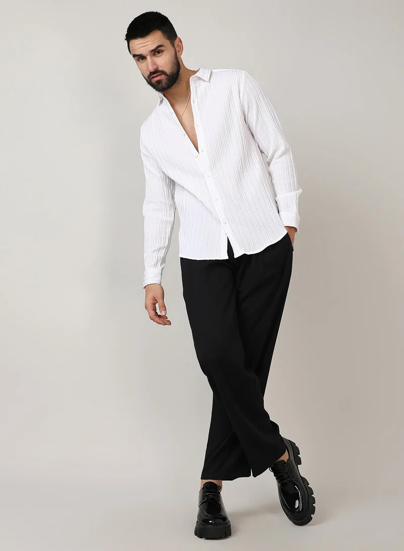 كامبوس سوترا Men's Chalk White Self-Design Striped Shirt