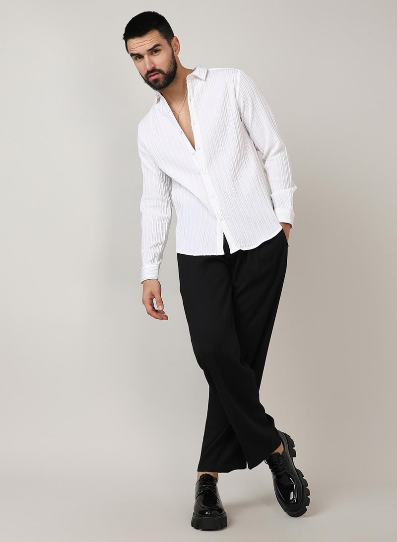 Campus Sutra Men's Chalk White Self-Design Striped Shirt - Image 5