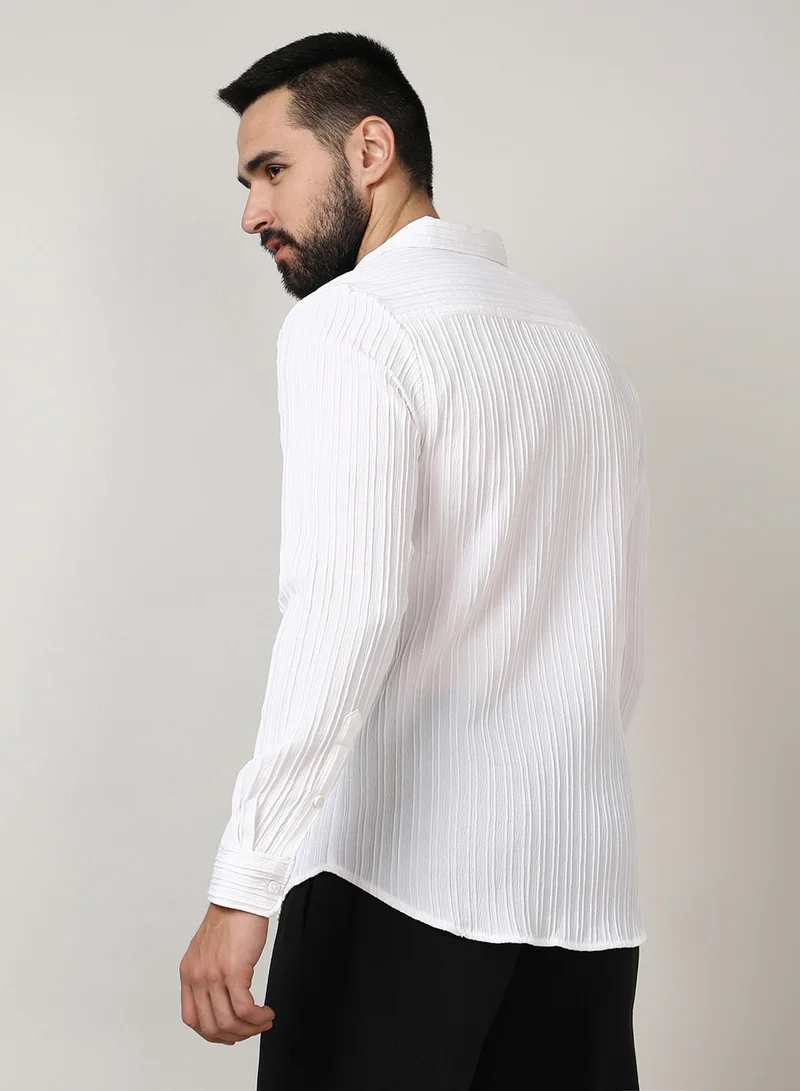 كامبوس سوترا Men's Chalk White Self-Design Striped Shirt
