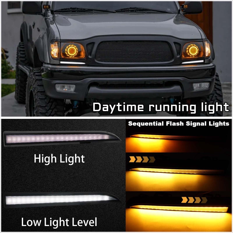 PGTOPONE Switchback White/Amber LED Front Side Marker Headlight Daytime Running Lamp Amber Sequential Turn Signal Light Feature Compatible with Toyota Tacoma 2001-2004 Replacement Front Bumper Trim - Image 2