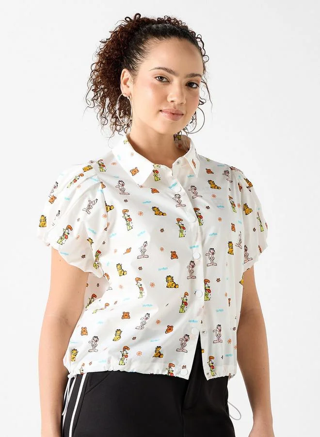 Garfield Print Collar Shirt with Short Sleeves and Toggle Detail