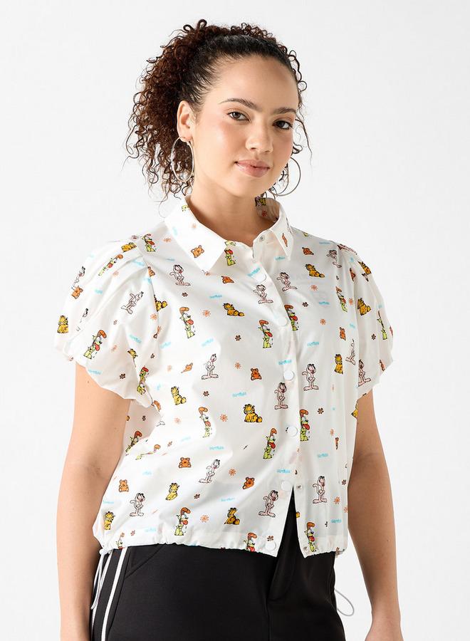 SP Characters Garfield Print Collar Shirt with Short Sleeves and Toggle Detail - Image 1