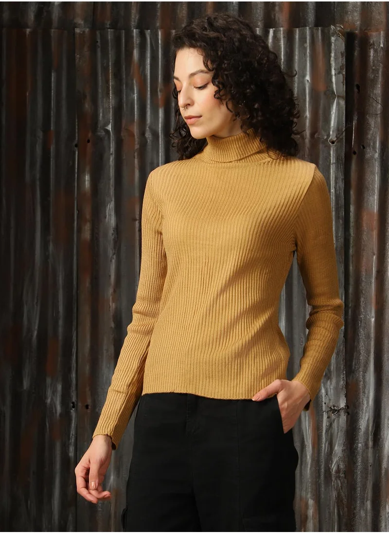 هاي ستار Women's Beige 100% Acrylic Solid Regular Fit Sweater