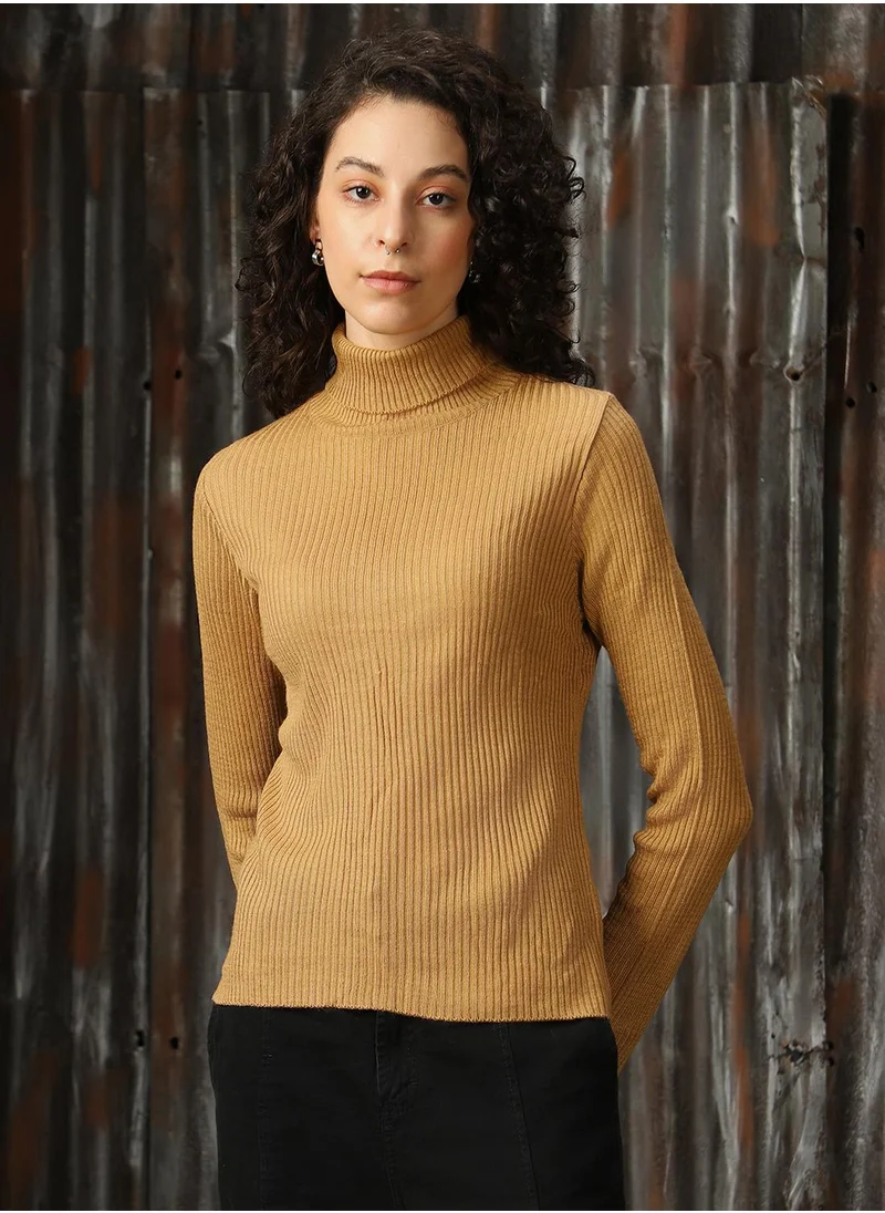 هاي ستار Women's Beige 100% Acrylic Solid Regular Fit Sweater