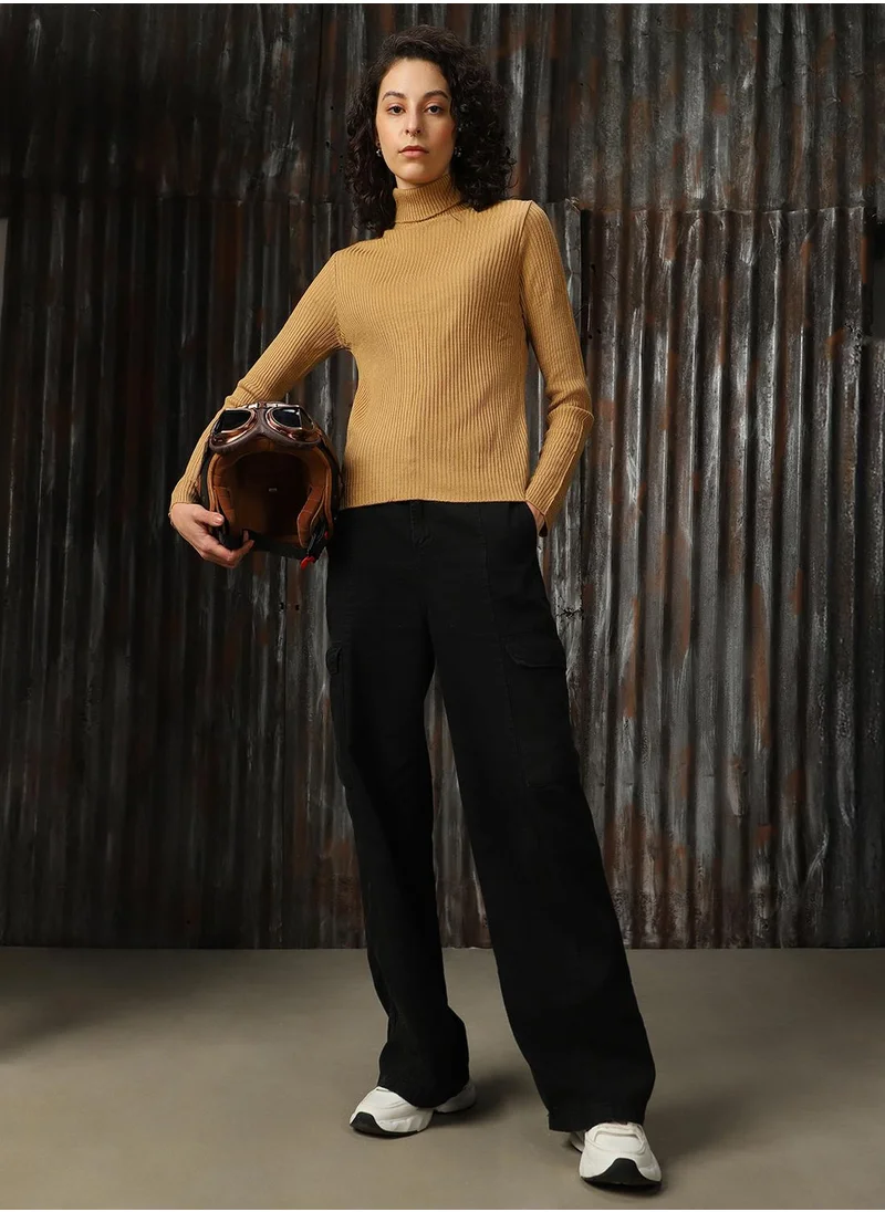 هاي ستار Women's Beige 100% Acrylic Solid Regular Fit Sweater