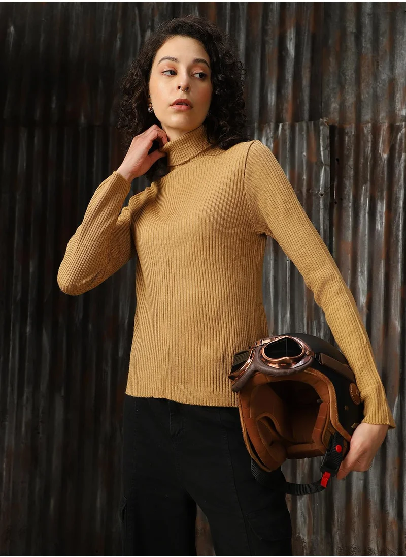 هاي ستار Women's Beige 100% Acrylic Solid Regular Fit Sweater