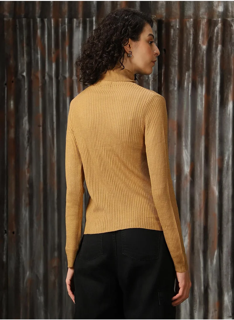 هاي ستار Women's Beige 100% Acrylic Solid Regular Fit Sweater