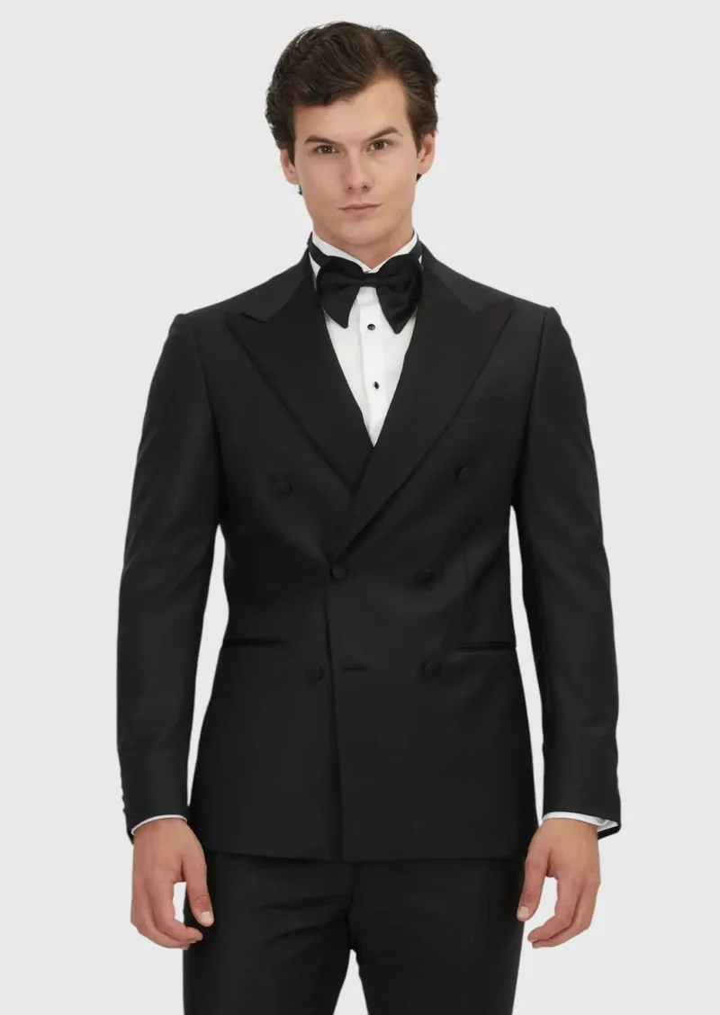 رامسي بدلة توكسيدو سوداء ضيقة بقصة مستقيمة وياقة مزدوجة الصدر