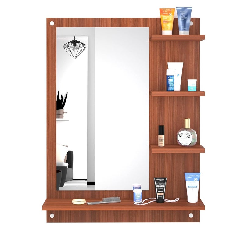 Redwud Lavis Engineered Wood Matte Finish Dressing Wall Mirror with Shelf Full Length Unframed Mirror for Bedroom Bathroom Living Room Walnut Beige