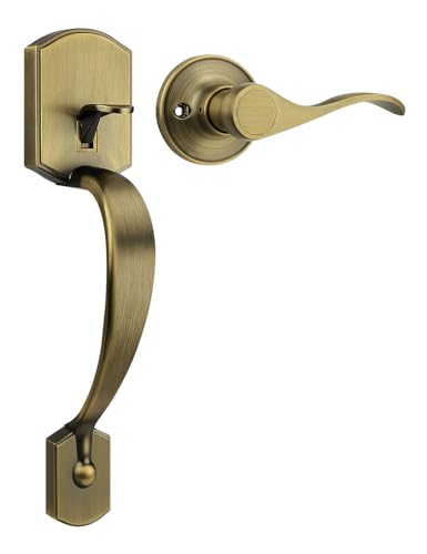 Tinewa Antique Brass Camelot Trim Lower Half Handleset Upgated Entry Door Handle with Accent Wave Door Lever Antique Brass Front Door Handleset Interior Left Handed Lever - Image 1