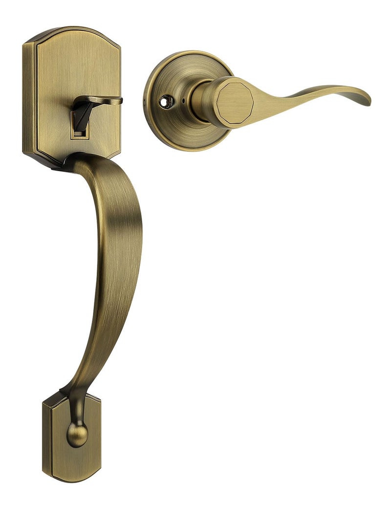 Tinewa Antique Brass Camelot Trim Lower Half Handleset Upgated Entry Door Handle with Accent Wave Door Lever Antique Brass Front Door Handleset Interior Left Handed Lever - Image 2