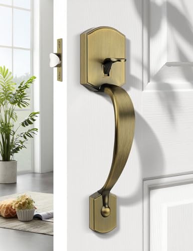 Tinewa Antique Brass Camelot Trim Lower Half Handleset Upgated Entry Door Handle with Accent Wave Door Lever Antique Brass Front Door Handleset Interior Left Handed Lever - Image 3