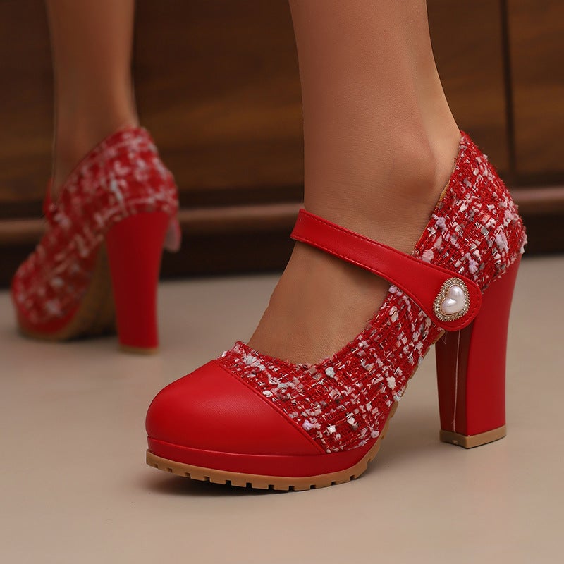 Spring High Heel Round Head 33-43 Plus Size Small Fragrant Wind Wool Stitching Shallow Mouth Shoes - Image 2