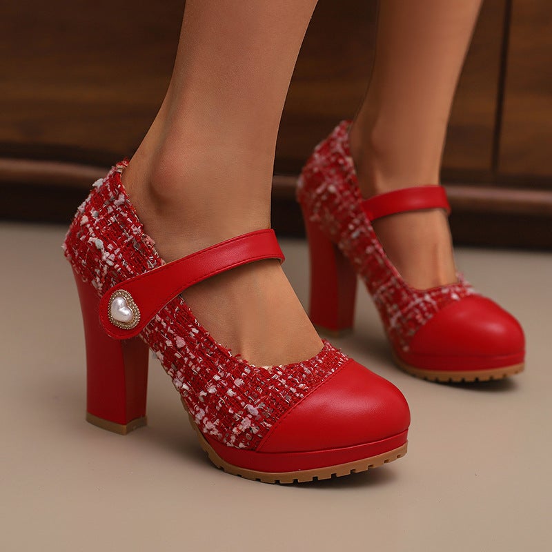 Spring High Heel Round Head 33-43 Plus Size Small Fragrant Wind Wool Stitching Shallow Mouth Shoes - Image 5