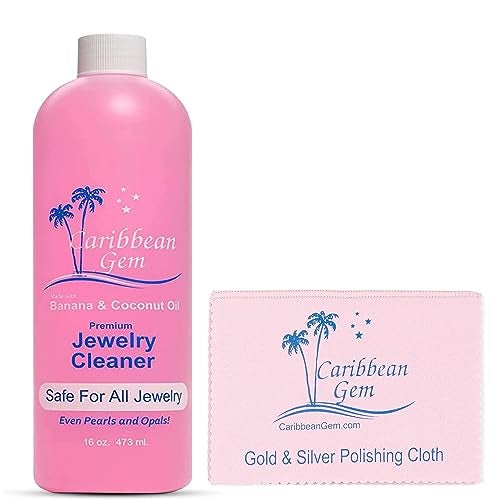 Caribbean Gem USA All Natural Banana & Coconut Oil Jewelry Cleaner with Polishing Cloth, For Gold, Silver and Precious Gems, Ammonia Free, Hypoallergenic Jewelry Cleaning Solution (16oz) - Image 1