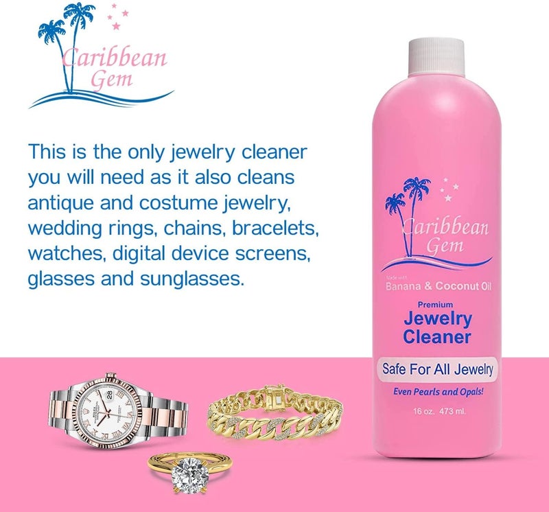 Caribbean Gem USA All Natural Banana & Coconut Oil Jewelry Cleaner with Polishing Cloth, For Gold, Silver and Precious Gems, Ammonia Free, Hypoallergenic Jewelry Cleaning Solution (16oz) - Image 5