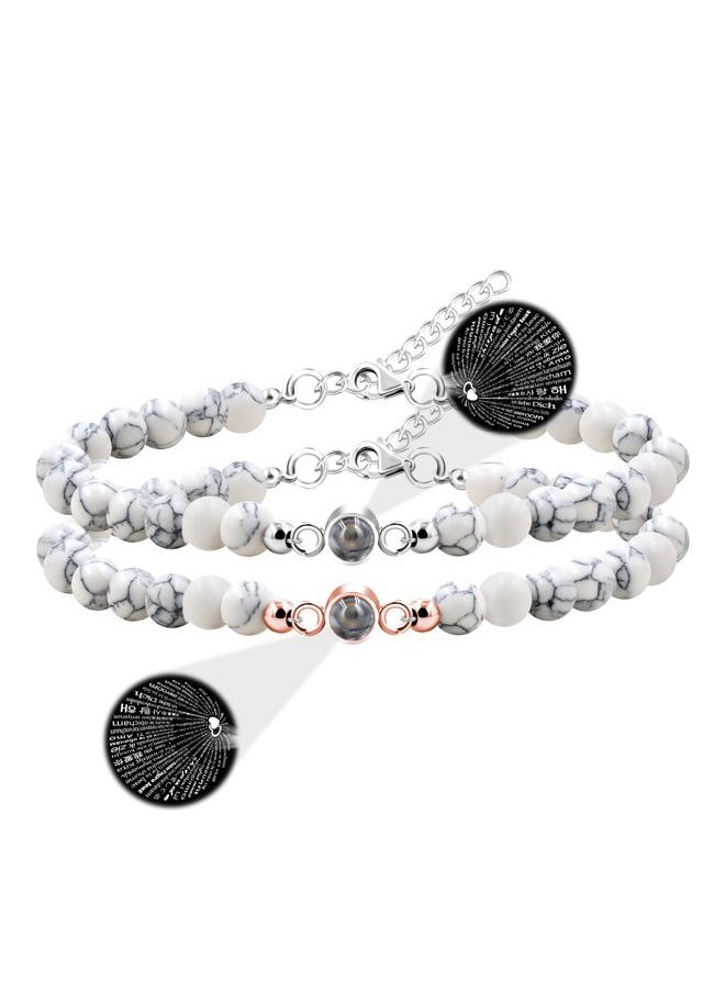 Uloveido - I Love You 100 Languages Bracelets Set Matching Couples Gift - 6mm White Turquoise Beaded Bracelets Valentines Day Gifts for Boyfriend Girlfriend - Image 1