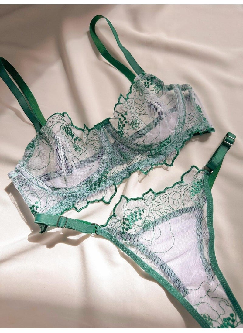 La Linaa Summer Green Women's Tulle Thong Panty Bra Set  - Image 4