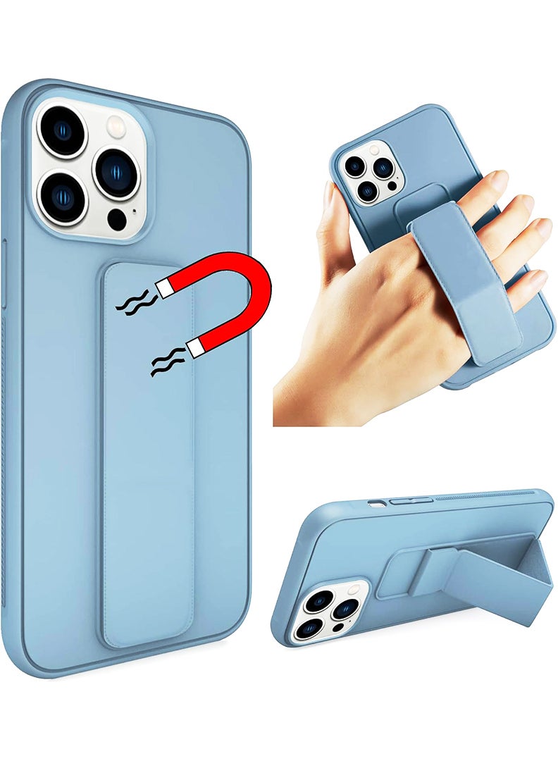 رفع القضية جراب متوافق مع هاتف Apple iPhone 13 Pro مع حامل مغناطيسي وحامل، جراب وحامل حزام إصبع من السيليكون الممتاز مع حامل تثبيت في السيارة - أزرق - Image 1