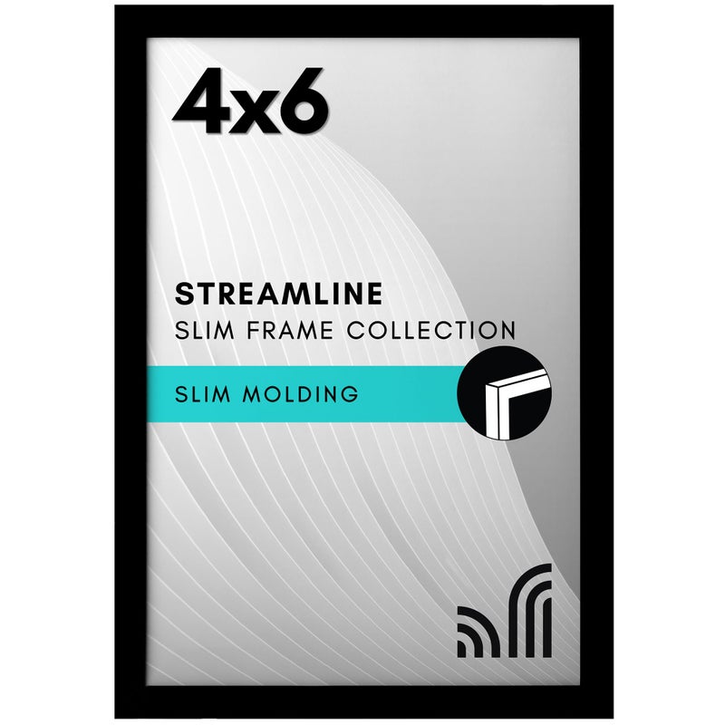 Americanflat 4x6 Picture Frame with ShatterResistant Glass  Streamline Collection  Thin Border Photo Frame for Tabletop and Wall Display  Hanging Hardware and Easel Stand Included  Black