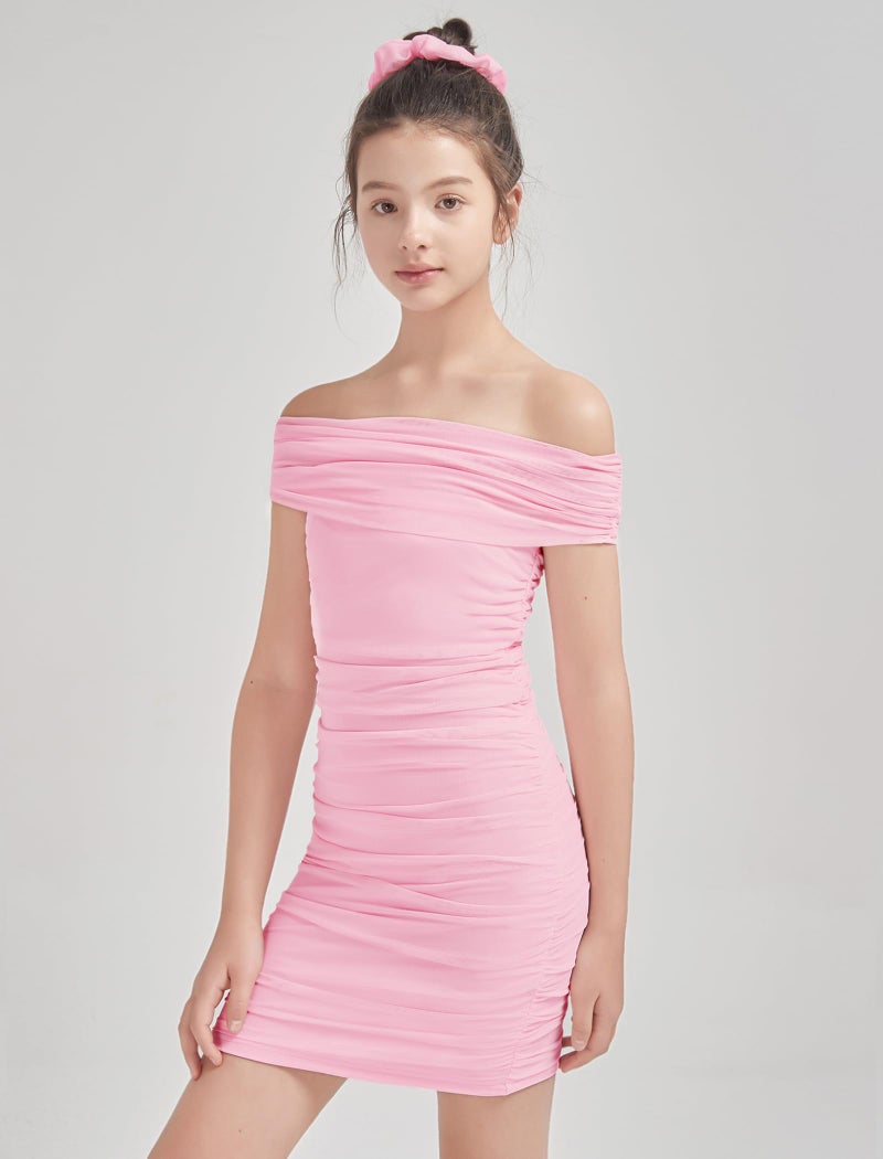 EXARUS Girls Bodycon Dresses Off The Shoulder Mini Tight Ruched Sleeveless Dress Pencil Formal Party Dance Special Occasion Winter Prom Birthday Pink 8Y - Image 2