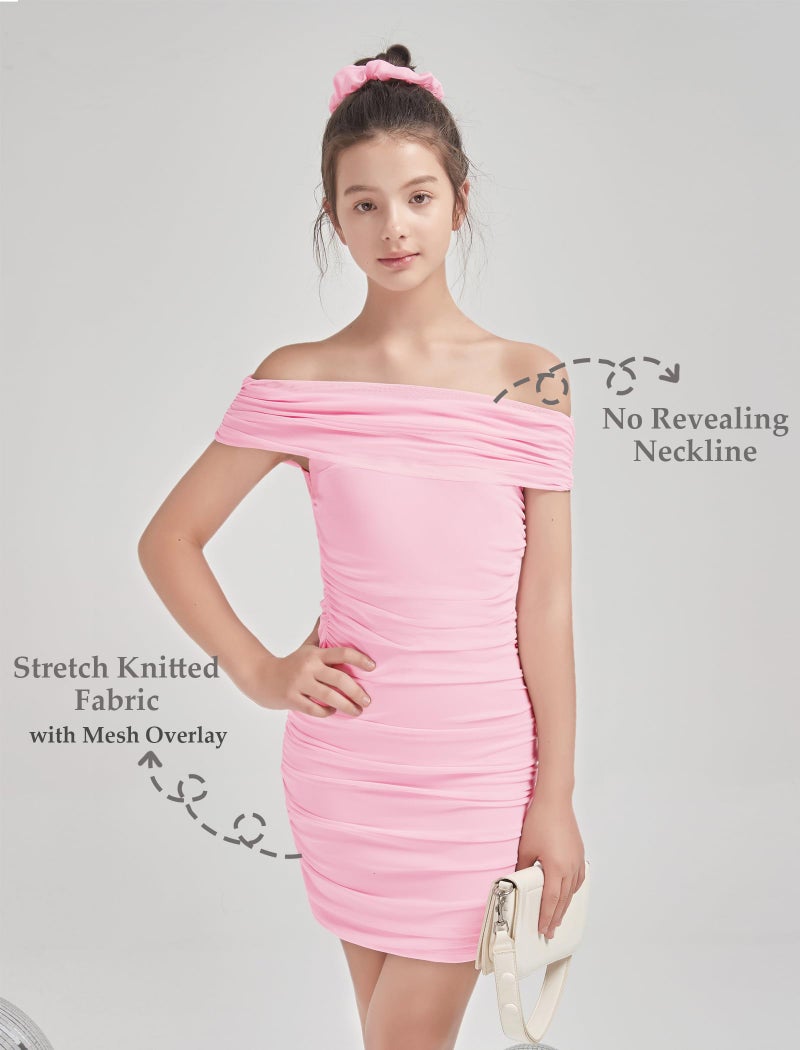 EXARUS Girls Bodycon Dresses Off The Shoulder Mini Tight Ruched Sleeveless Dress Pencil Formal Party Dance Special Occasion Winter Prom Birthday Pink 8Y - Image 4
