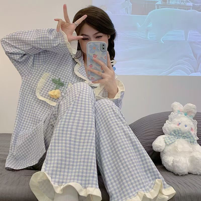 Sweet Ins Style Plaid Floral Pajamas for Women - Spring/Autumn Casual Long Sleeve Japanese Home Wear