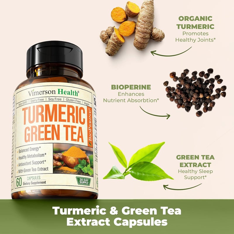 Vimerson Health Turmeric Supplement  Green Tea Extract Capsules Green Tea Supplement with Organic Turmeric Curcumin with Black Pepper  Vitamin C for Joint Health Antioxidant Support  Healthy Metabolism 60 Caps - Image 5