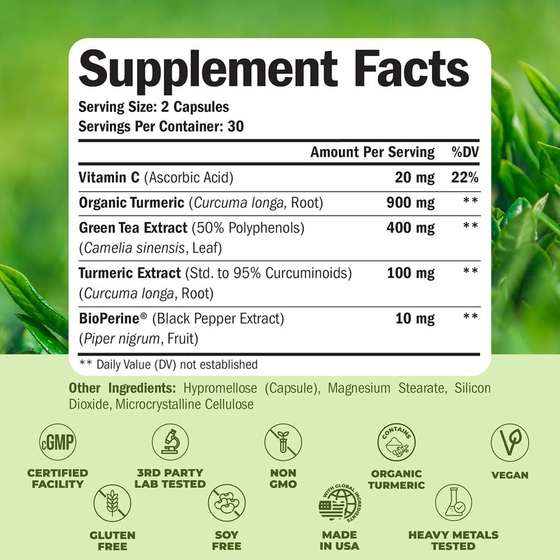 Vimerson Health Turmeric Supplement  Green Tea Extract Capsules Green Tea Supplement with Organic Turmeric Curcumin with Black Pepper  Vitamin C for Joint Health Antioxidant Support  Healthy Metabolism 60 Caps - Image 3