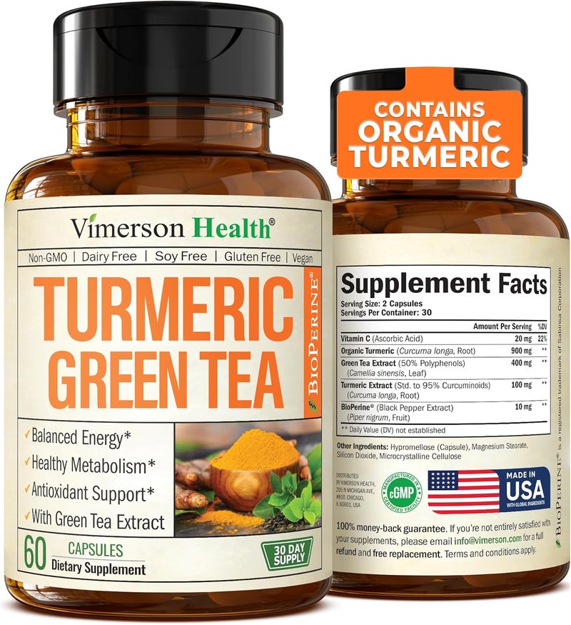 Vimerson Health Turmeric Supplement  Green Tea Extract Capsules Green Tea Supplement with Organic Turmeric Curcumin with Black Pepper  Vitamin C for Joint Health Antioxidant Support  Healthy Metabolism 60 Caps - Image 1