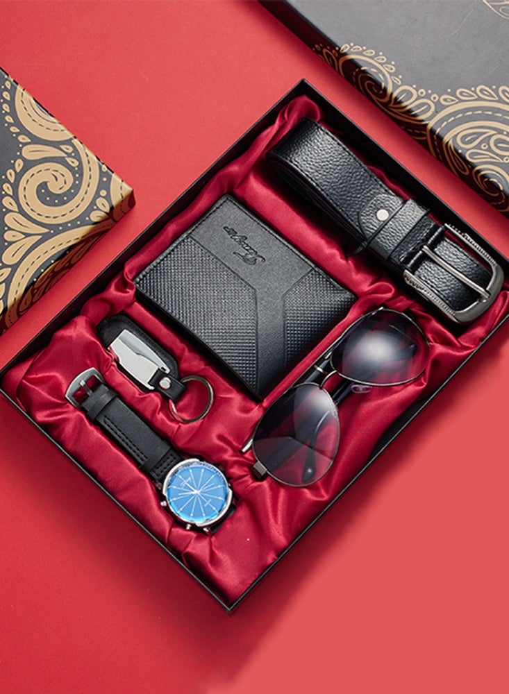 فانسي مجموعة هدايا عمل رجالية مكونة من محفظة وحزام وساعة ونظارة شمسية وسلسلة مفاتيح، مجموعة من 5 قطع هدية مثالية - Image 1