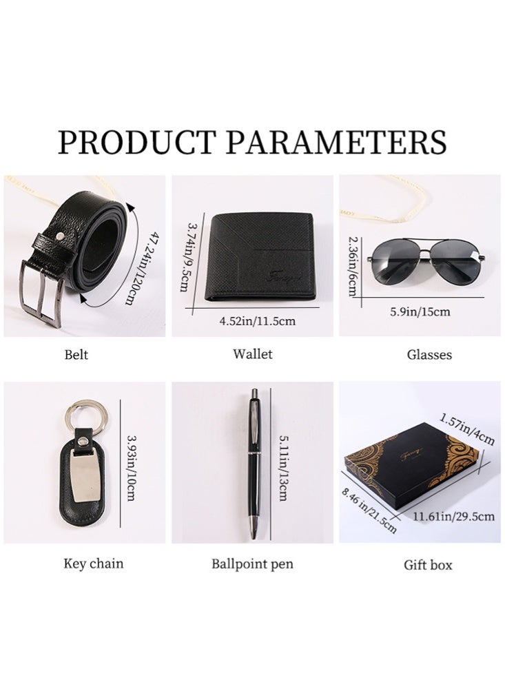 فانسي مجموعة هدايا عمل رجالية مكونة من محفظة وحزام وساعة ونظارة شمسية وسلسلة مفاتيح، مجموعة من 5 قطع هدية مثالية - Image 3