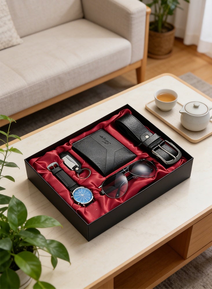 فانسي مجموعة هدايا عمل رجالية مكونة من محفظة وحزام وساعة ونظارة شمسية وسلسلة مفاتيح، مجموعة من 5 قطع هدية مثالية - Image 4