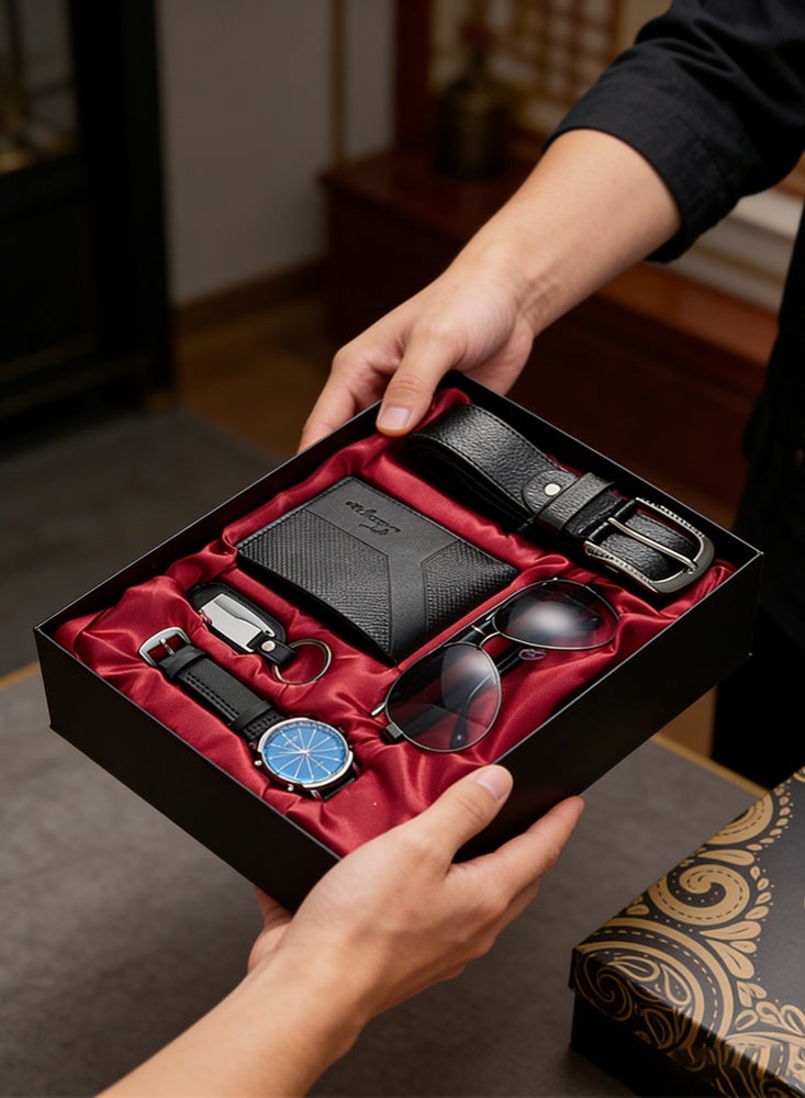 فانسي مجموعة هدايا عمل رجالية مكونة من محفظة وحزام وساعة ونظارة شمسية وسلسلة مفاتيح، مجموعة من 5 قطع هدية مثالية - Image 5
