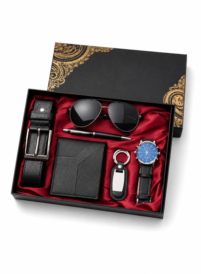 Fancy 6-Piece Men's Gift Set with Quartz Watch, Wallet, Adjustable Belt, Aviator Sunglasses, Keychain and Ballpoint Pen, Luxury Gift Box for Birthday, Anniversary, Graduation and Eid - Image 2