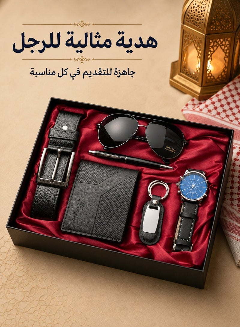Fancy 6-Piece Men's Gift Set with Quartz Watch, Wallet, Adjustable Belt, Aviator Sunglasses, Keychain and Ballpoint Pen, Luxury Gift Box for Birthday, Anniversary, Graduation and Eid - Image 1