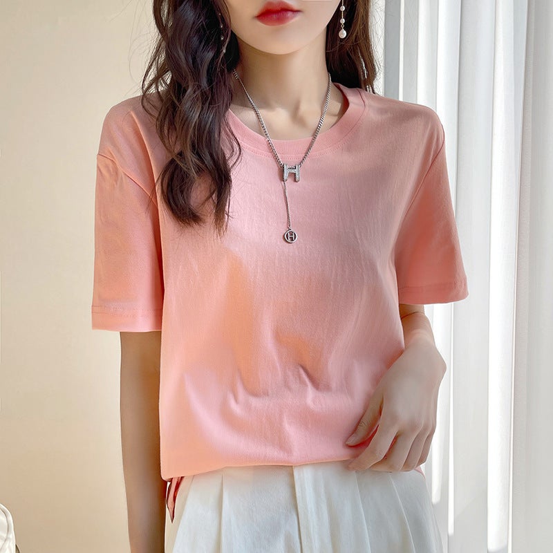 New Summer 200g Cotton Basic Short-sleeved T-shirt Women's Vest Round Neck Loose Casual White T Base Shirt - Image 1