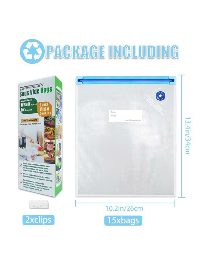 Daarcin 15pcs 10.2x13.4in/26*34cm Sous Vide Bags BPA Free Reusable Vacuum Sealer Bags Keep Food Flesh with and 2 Sealing Clips - Image 2