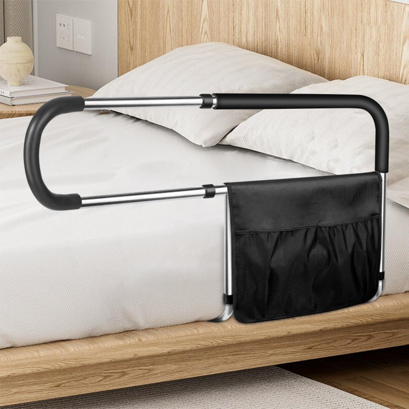 Bed Rails for Elderly Adults Safety Stainless Steel Bed Assist Rail with Adjustable Side Railings for Seniors Bedside Fall Prevent Grab Bar with Storage Pocket Fits King Queen Full Twin Bed