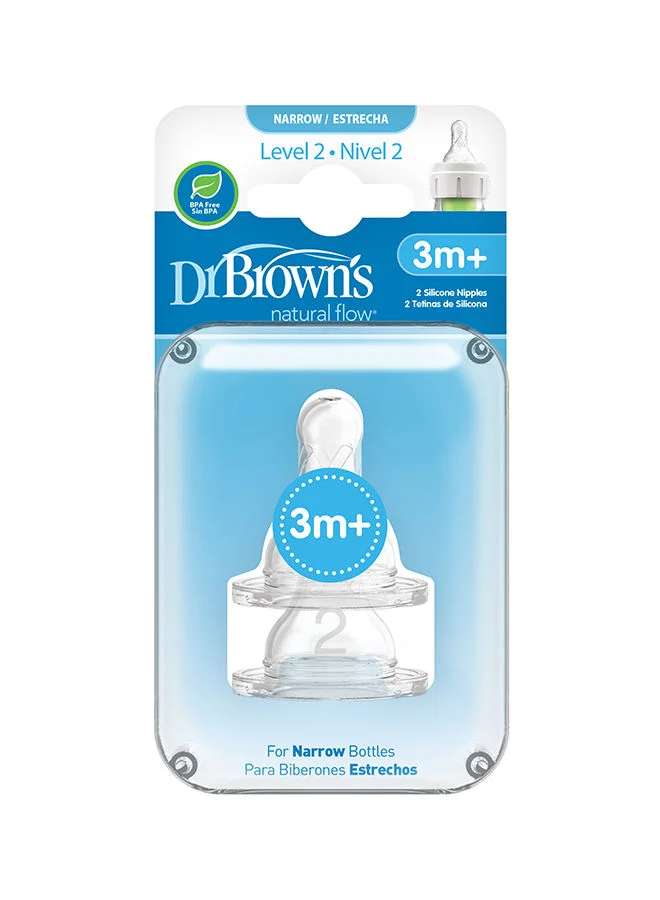 دكتور براونز Pack Of 2 Level-2 Natural Flow Silicone Anti-Colic Baby Feeding Bottle Nipples, 3 Months +, ‎Medium-Flow