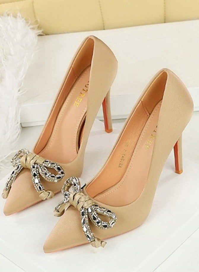 BIGTREE Women's Satin Closed Pointed Toe Stiletto Pump Rhinestone Bowknot Decoration High Heels Champagne 10.5 CM - Image 1