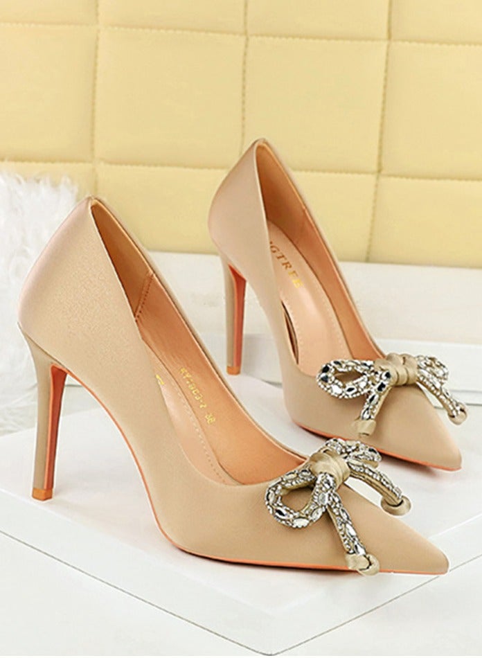 BIGTREE Women's Satin Closed Pointed Toe Stiletto Pump Rhinestone Bowknot Decoration High Heels Champagne 10.5 CM - Image 2