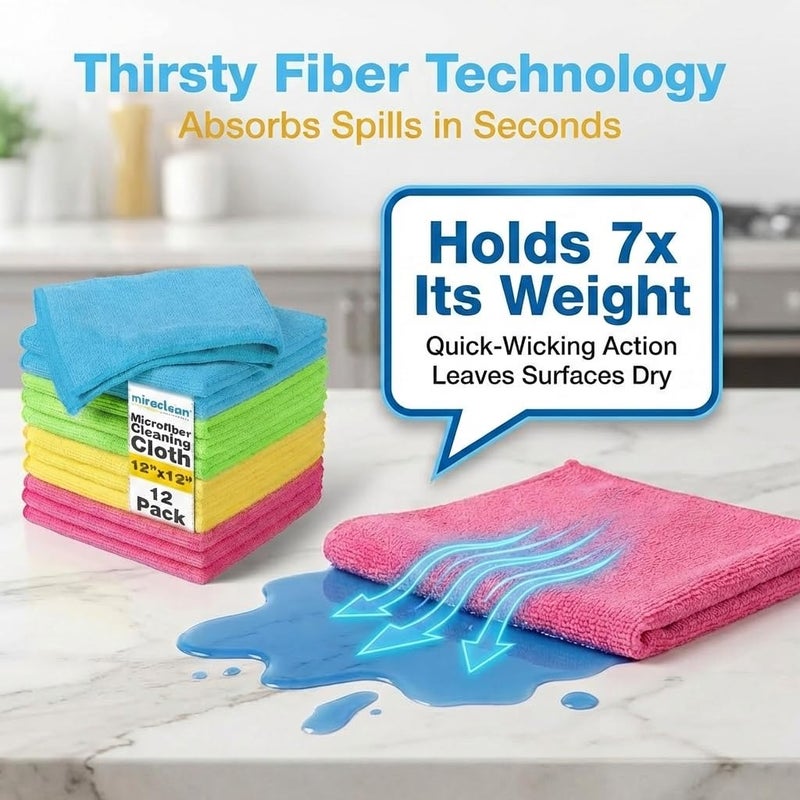 MIRACLEAN Microfiber Cleaning Cloth 12 Pack - 12 x 12 inches - Rags for Cleaning House Streak-Free Wipes for Screens, Dusting & Appliances - Premium Micro Fiber Cloth for Cleaning - Image 5