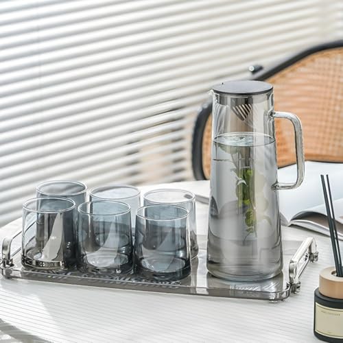 Wringo Premium 7pc Crystal Water Jug with Glass Set and Jug Set Combo,Freezer Safe and Dishwasher Safe (6 Pieces Glasses 200ML and 1 Water Juice Jug 1 Liter), Transparent, Glass and Jug Set (WS-15) - Image 1