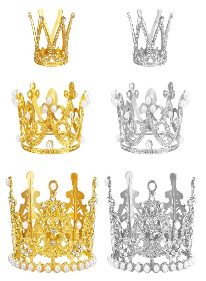 LIOUCBD 6PCS Crown Cake Toppers, Princess Cake Topper, Mini Small Gold Silver Crown for Flower Arrangements Bouquet, Crystal Pearl Vintage Tiara for Birthday Wedding Party Baby Shower Decor - Image 1