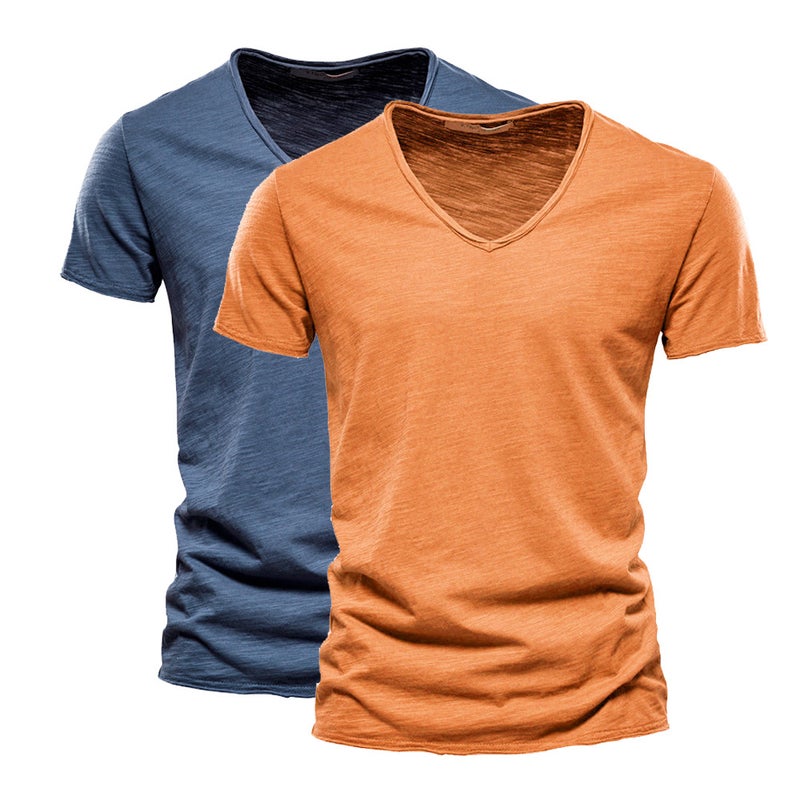 2 حزمة الرجال اللون الصلب Slub القطن V-Neck قصيرة الأكمام تي شيرتز، القطن النقي والأسلوب ملابس الرجال، نفس الأسلوب العلامة التجارية العصرية، رطوبة-Wicking والعرق-Wicking - Image 1